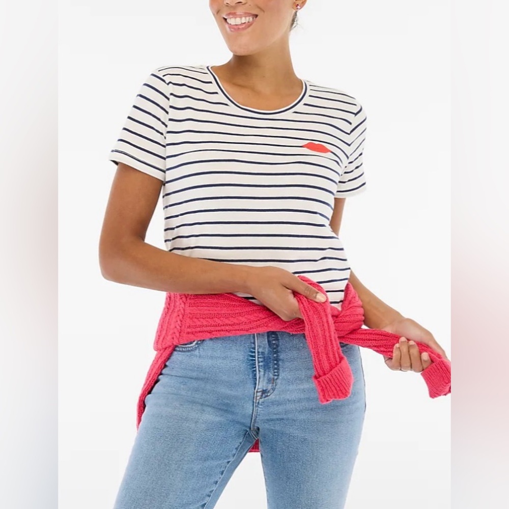 NWT J. Crew Women’s Lips Stripe Graphic Collector Tee Navy White Short Sleeve XS